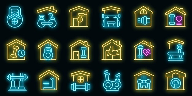 Conjunto de iconos de gimnasio en casa. Esquema conjunto de iconos de vector de gimnasio en casa color neón en negro