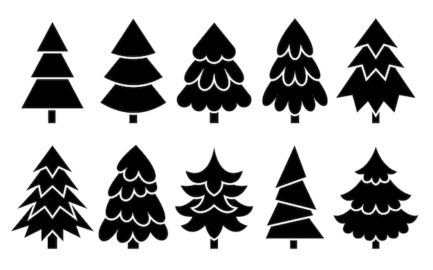 Vector conjunto de iconos de glifo negro de árbol de navidad signo de decoración de fiesta tradicional de año nuevo símbolo de silueta de feliz navidad vacaciones de invierno bosque de pinos abeto spruise silueta plana para corte por láser de sello de plantilla