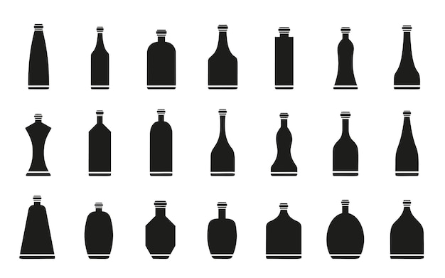 Vector conjunto de iconos de glifo negro de botella restaurante pub bar alcohol bebida matraz de vidrio colección de pictogramas vodka whisky soda cerveza agua brandy tarro aislado en blanco simple símbolo plano para grabado de sello