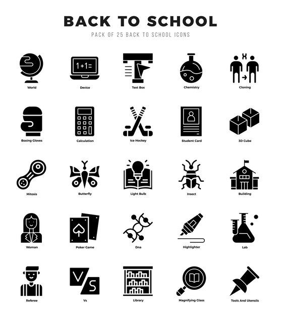Conjunto de iconos de glifo de regreso a la escuela icono de arte de glifo ilustración vectorial