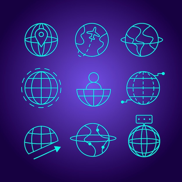 Conjunto de iconos de globo mundial con gradiente