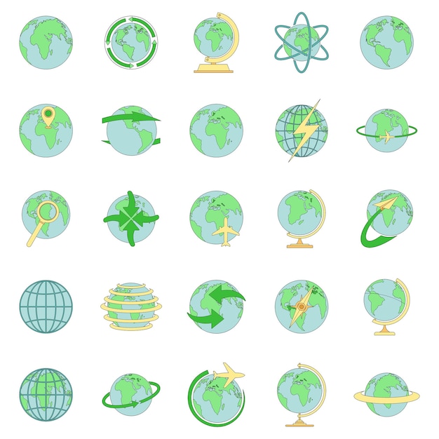 Conjunto de iconos del globo Tierra Ilustración del contorno de 25 iconos vectoriales del globo Tierra línea delgada color plano en blanco