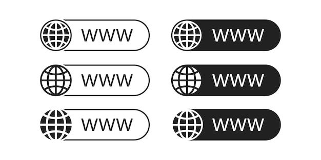 Conjunto de iconos de globo de WWW. Símbolo de dirección de sitio web de Internet. Colección de letreros de sitios web de red.