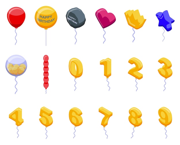 Conjunto de iconos de globos de cumpleaños vector isométrico Fiesta de eventos