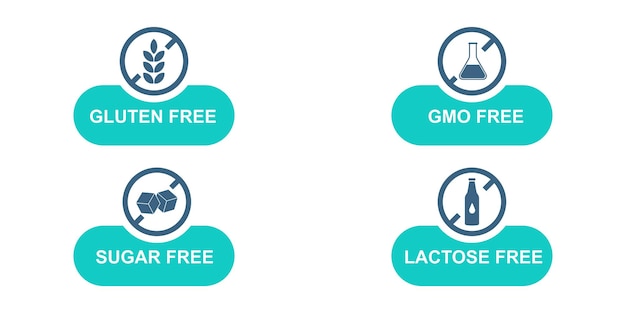 Conjunto con iconos sin gluten, OMG, lactosa y sin azúcar. Etiqueta o distintivo para envasar alimentos.