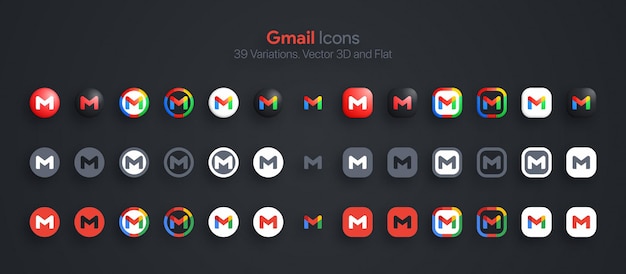 Conjunto de iconos de Gmail moderno 3D y plano en diferentes variaciones