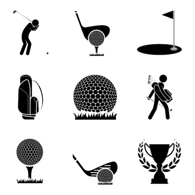 conjunto de iconos de golf bola taza atleta campo de golf con bandera bolsa de deporte estilo de vida activo vector aislado sobre fondo blanco