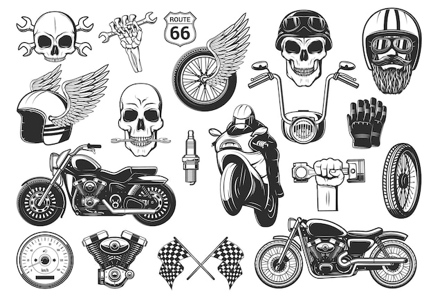 Vector conjunto de iconos grabados de carreras y motociclismo