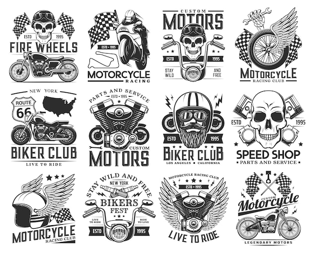 Vector conjunto de iconos grabados de club de motociclistas y carreras de motos