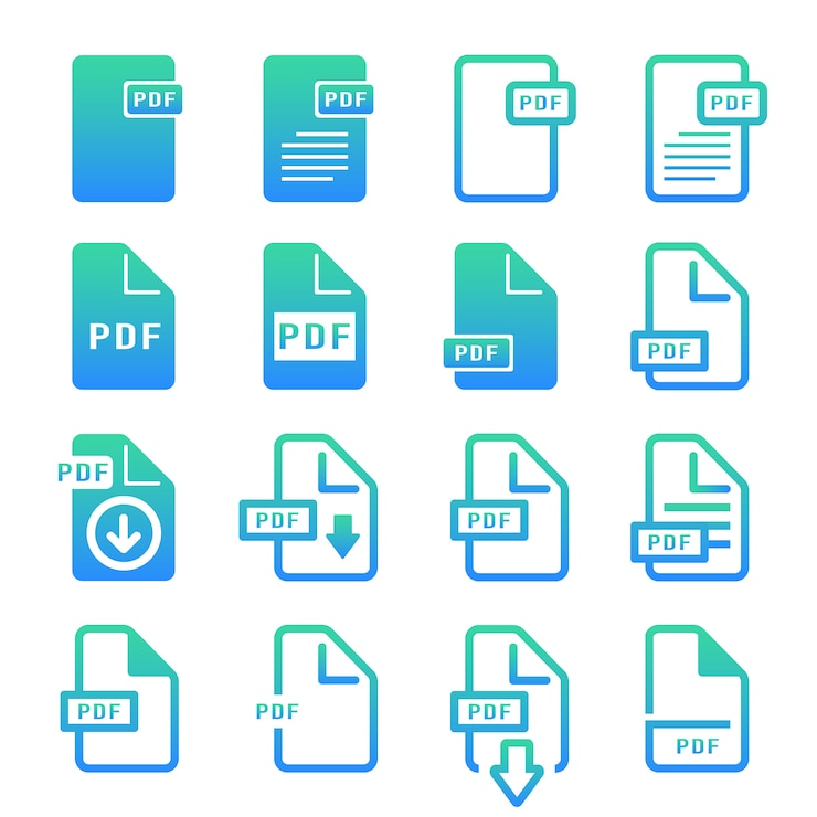 Vector conjunto de iconos de gradiente de archivo pdf simple, vector e ilustración