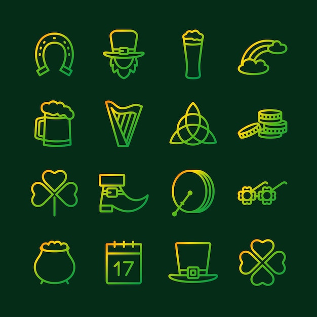 Vector el conjunto de iconos de gradiente del día de san patricio símbolos tradicionales de las fiestas irlandesas