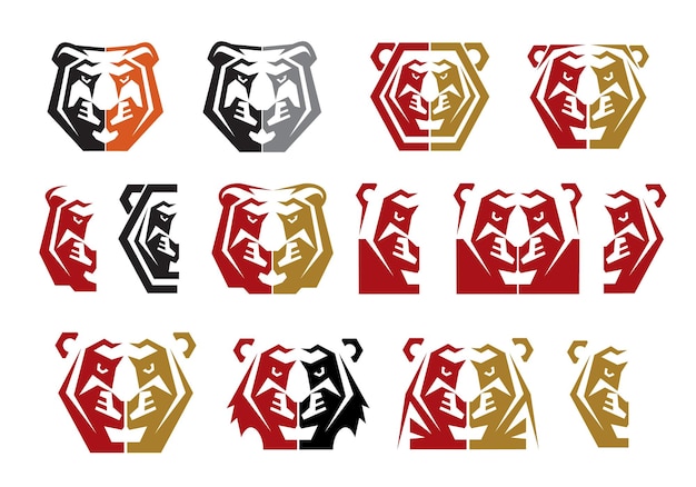 Conjunto de iconos gráficos de cabeza de tigre puma o leona