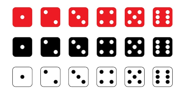 Conjunto de iconos gráficos de dados Cubos de dados de juego rojo blanco negro de uno a seis puntos Objetos de juego para jugar en el póquer de casino Seis caras de cubo Dado tradicional con números de puntos de 1 a 6 Vector
