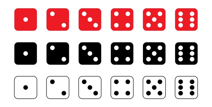 Vector conjunto de iconos gráficos de dados cubos de dados de juego rojo blanco negro de uno a seis puntos objetos de juego para jugar en el póquer de casino seis caras de cubo dado tradicional con números de puntos de 1 a 6 vector