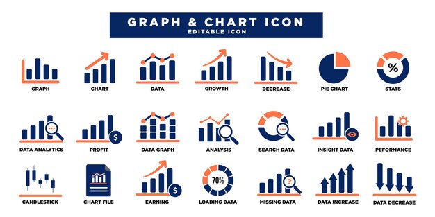 El conjunto de iconos de gráficos y gráficos aumenta el crecimiento de los datos analíticos de gráficos de pastel Colección de iconos editables
