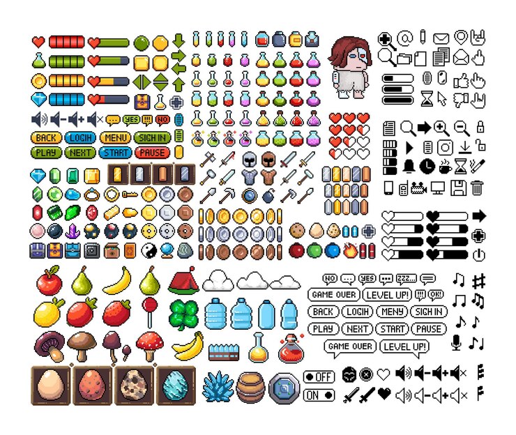 Vector conjunto de iconos de gráficos de píxeles de 8 bits ilustración de vector aislado arte del juego accesorios de arte de píxeles retro