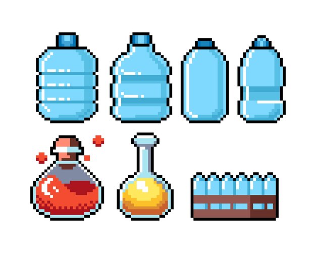 Conjunto de iconos de gráficos de píxeles de 8 bits. Ilustración de vector aislado. Arte del juego. elixir, poción,