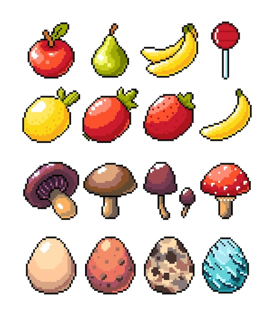 Conjunto de iconos de gráficos de píxeles de 8 bits Ilustración de vector aislado Frutas elixir pociones setas