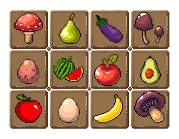 Conjunto de iconos de gráficos de píxeles de 8 bits Ilustración de vector aislado Frutas elixir pociones setas