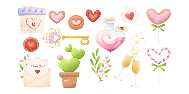 Vector conjunto de iconos grandes del día de san valentín. galletas de san valentín, cactus, champán, poción de amor, galletas, llave de amor.