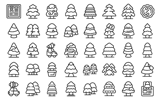 Conjunto de iconos de granja de árboles de Navidad vector de contorno Spruce coche