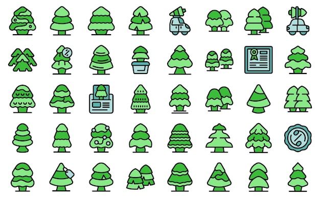 Conjunto de iconos de granja de árboles de Navidad vector plano