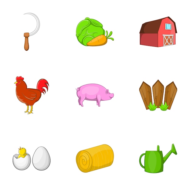 Vector conjunto de iconos de granja, estilo de dibujos animados