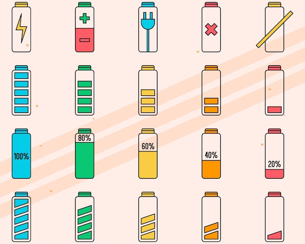 Conjunto de iconos gratuitos relacionados con las baterías para proyectos de energía y tecnología