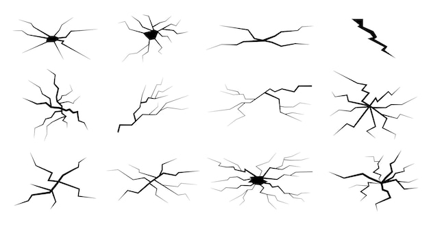 Vector conjunto de iconos de grietas elementos de ataque aislados vectoriales fracturas de diferentes formas grieta por golpe y choque en la ventana de hielo de la tierra conjunto de simples golpes en blanco y negro