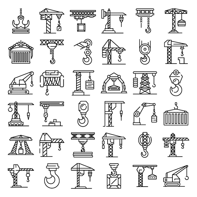 Conjunto de iconos de grúa, estilo de contorno