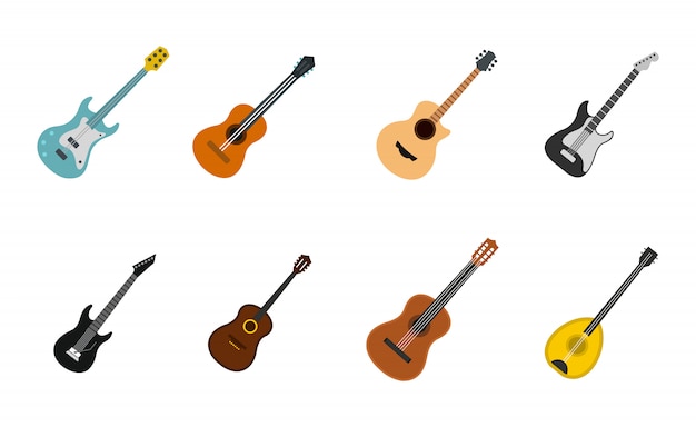 Conjunto de iconos de guitarra. Conjunto plano de colección de iconos de vector de guitarra aislado