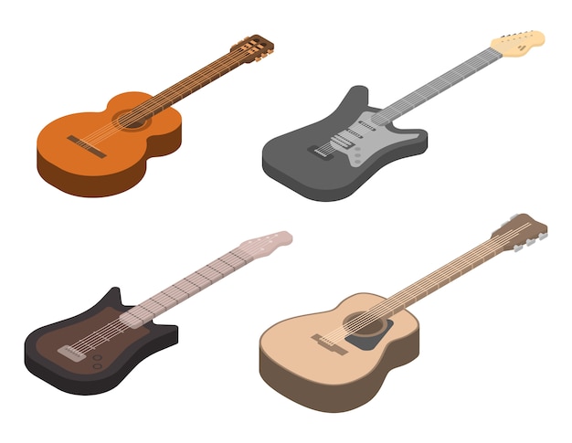 Vector conjunto de iconos de guitarra, estilo isométrico