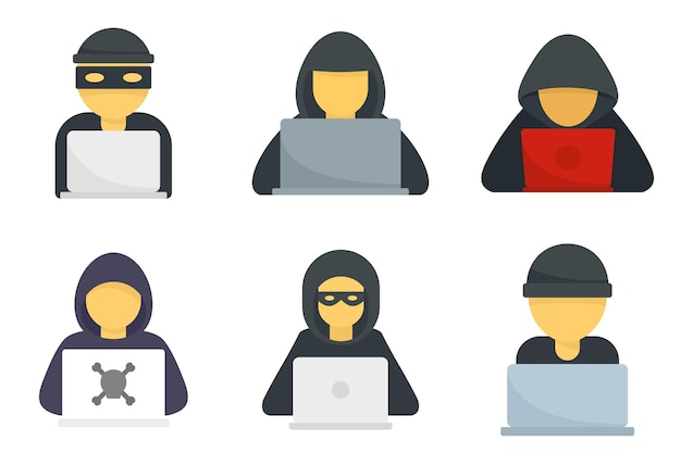 Conjunto de iconos de hacker. Conjunto plano de iconos de vector de hacker aislado sobre fondo blanco