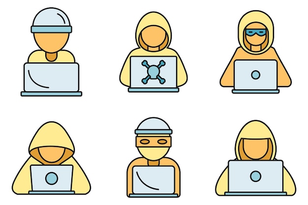 Conjunto de iconos de hackers cibernéticos Conjunto general de iconos vectoriales de hacker cibernéticos de línea delgada de color plano en blanco