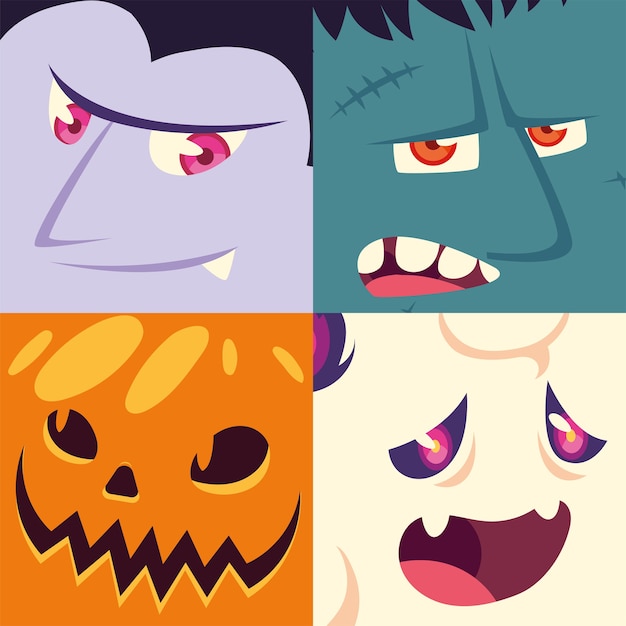 Vector conjunto de iconos de halloween con cabezas de vampiro, frankenstein, hombre lobo, calabaza