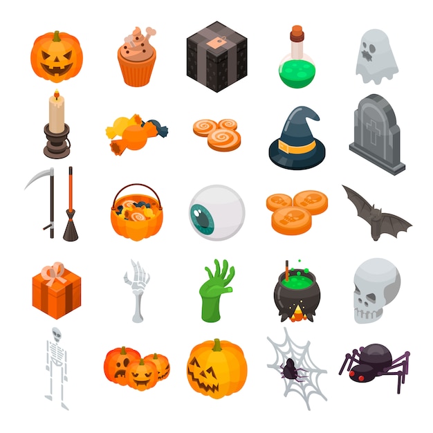 Conjunto de iconos de Halloween. Conjunto isométrico de iconos de vector de Halloween para diseño web aislado sobre fondo blanco