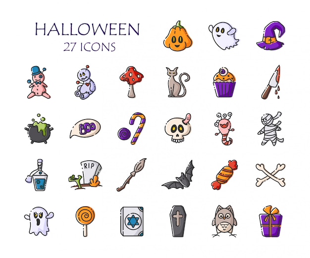 Conjunto de iconos de Halloween - esquema de vector aislado calabaza, fantasma, monstruo, escoba, murciélago, caramelo, cráneo, muñeco vudú