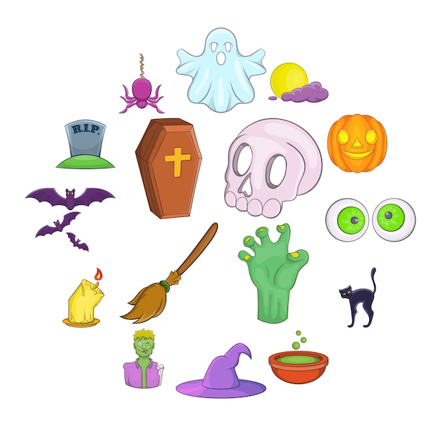 Vector conjunto de iconos de halloween, estilo de dibujos animados