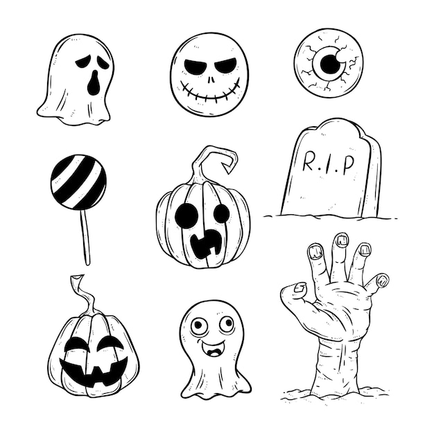 conjunto de iconos de halloween con estilo doodle