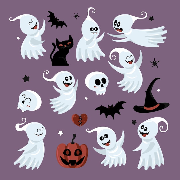 Conjunto de iconos de halloween fantasmas aislados con cabeza de calabaza de estilo de dibujos animados de ratas voladoras y estrellas negras ilustración vectorial