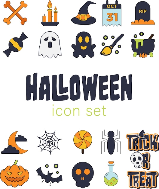 Conjunto de iconos de Halloween Halloween y tipografía de truco o trato Conjunto de vectores de ilustración divertida