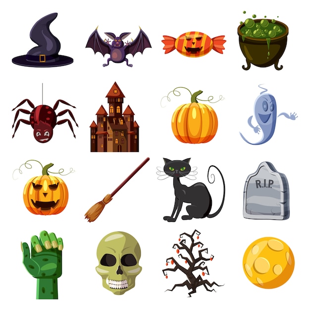 Conjunto de iconos de halloween. Ilustración de dibujos animados de 16 iconos de vector de Halloween para web