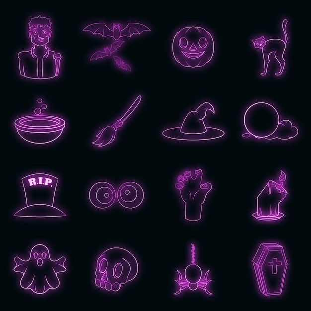 Conjunto de iconos de Halloween neón vectorial