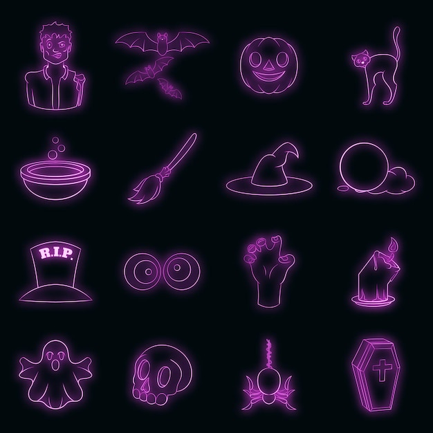 Conjunto de iconos de halloween neón vectorial