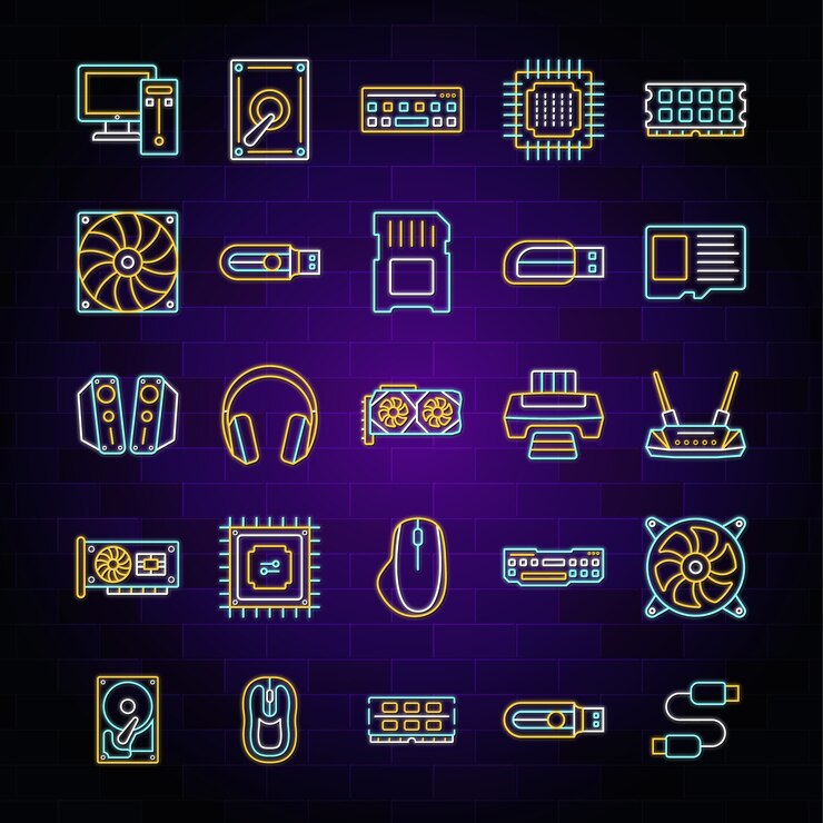 Vector conjunto de iconos de hardware de computadora de luz de neón