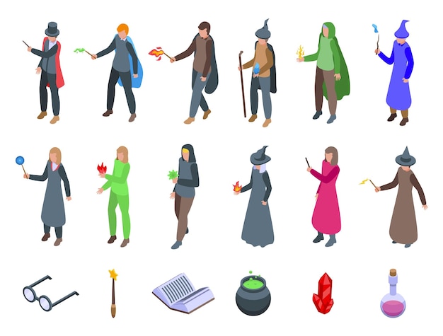 Conjunto de iconos de hechizos de vector isométrico Magia de la mano de la bruja