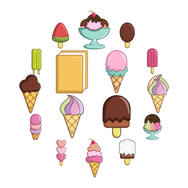 Conjunto de iconos de helado dulce, estilo de dibujos animados