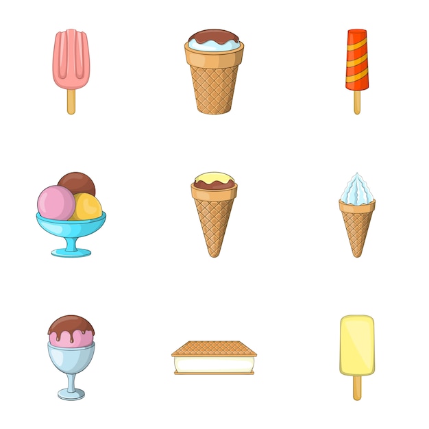 Conjunto de iconos de helado, estilo de dibujos animados