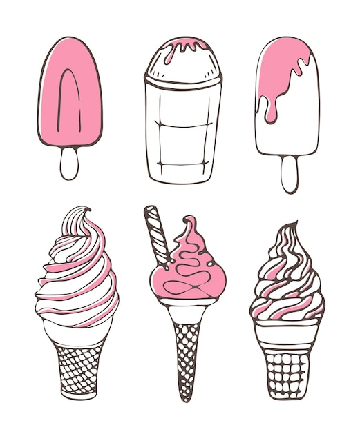 Vector conjunto de iconos de helado vector doodle ilustración colección de niños en cono