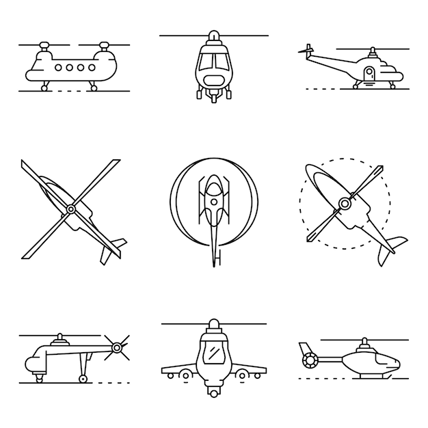 Conjunto de iconos de helicóptero. esquema conjunto de iconos de vector de helicóptero